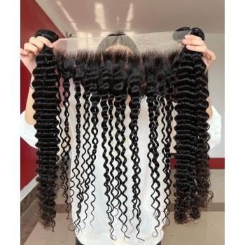 Deep Wave Human Hair Bundles With 13X4 Lace Frontal Closure