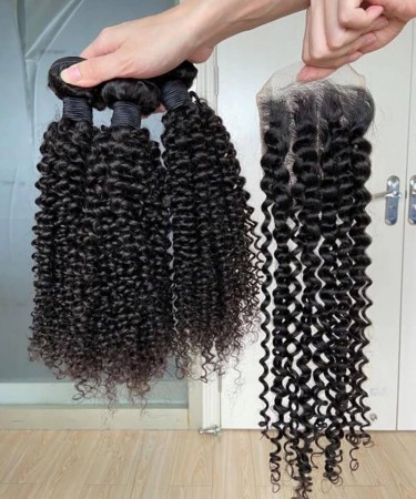 Kinky Curly Human Hair Three Bundles With 4*4 Lace Closure 1 pieces /Set 4*4 Lace Closure With Three Kinky Curly Human Hair Bundles