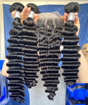 Deep Wave Human Hair Three Bundles With 4*4 Lace Closure 1 pieces /Set 4*4 Lace Closure With Three Deep Wave Human Hair Bundles