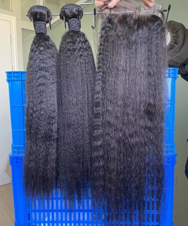 Kinky Straight Human Hair Three Bundles With 5*5 Lace Closure 1 pieces /Set 5*5 Lace Closure With Three Kinky Straight Human Hair Bundles