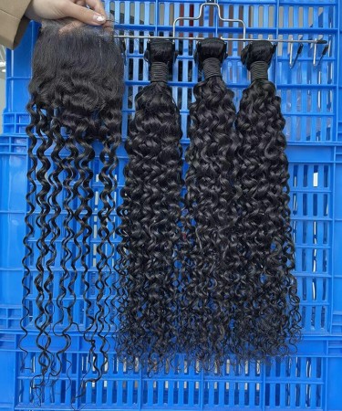 Kinky Curly Human Hair Three Bundles With 5*5 Lace Closure 1 pieces /Set 5*5 Lace Closure With Three Kinky Curly Human Hair Bundles