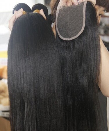 Light Yaki Straight Human Hair Three Bundles With 4*4 Lace Closure 1 pieces /Set 4*4 Lace Closure With Three Light Yaki Straight Human Hair Bundles