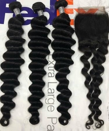 Loose Wave Human Hair Three Bundles With 5*5 Lace Closure 1 pieces /Set 5*5 Lace Closure With Three Loose Wave Human Hair Bundles