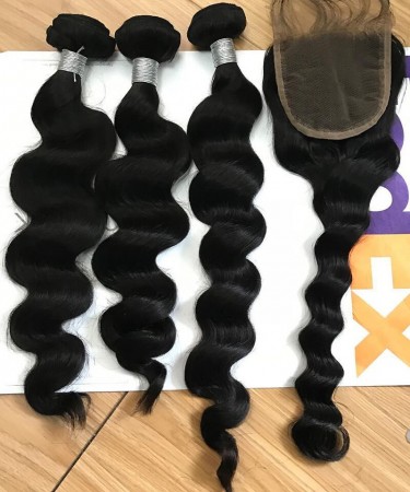 Loose Wave Human Hair Three Bundles With 4*4 Lace Closure 1 pieces /Set 4*4 Lace Closure With Three Loose Wave Human Hair Bundles